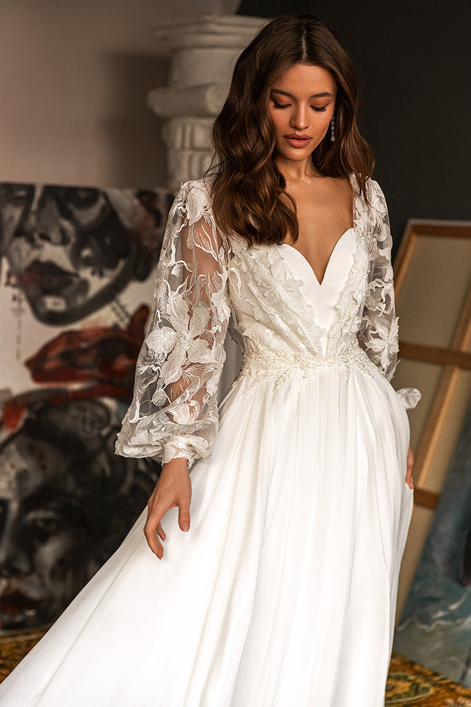Modest Fairy Sweetheart A-Line Boho Lace Wedding Dress Flowy Floral Pu DorrisDress Modest Fairy Sweetheart A-Line Boho Lace Wedding Dress Flowy Floral Pu DorrisDress