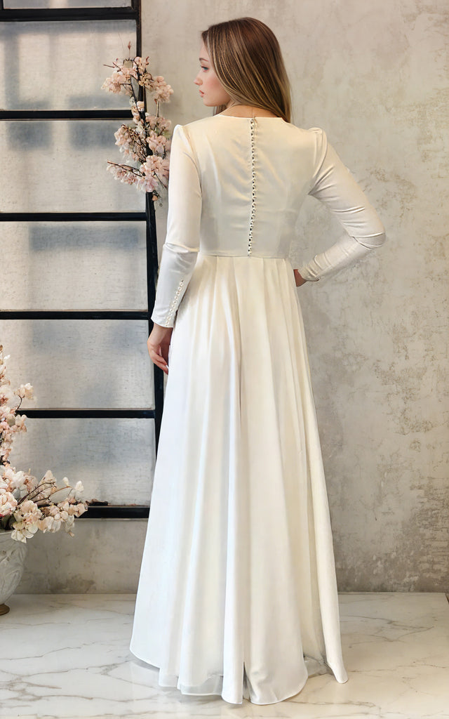 Modest Simple Solid Elegant White A-Line Satin Maxi Wedding Dress with DorrisDress Modest Simple Solid Elegant White A-Line Satin Maxi Wedding Dress with DorrisDress