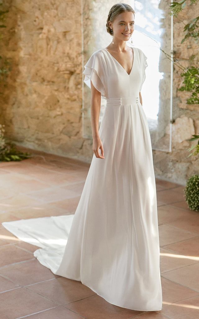 Modest Civil Short Sleeves A-Line Wedding Dress Simple Casual V