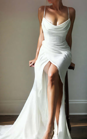 Sexy Slutty Mermaid Plunging Spaghetti Straps Satin Wedding Dress Charming Elegant Sweep Train Ruched Bridal Gown