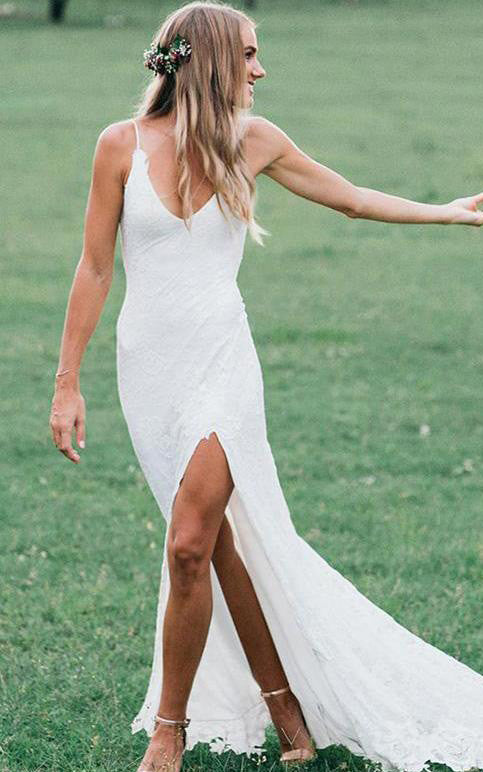 spaghetti strap boho lace wedding dress Lace Wedding Dresses,Boho Wedding Dress,Spaghetti Straps Wedding Dresses,Beach Bridal Dress,WD00081, US12 / White main image 0