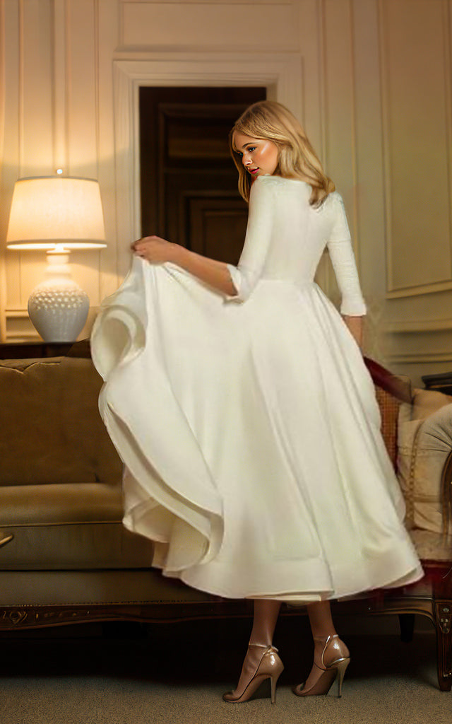 Vintage Simple Modest A-Line 3/4 Length Sleeve Dress for Wedding Rustic Casual Tea Length V-Neck Bridal Gown Vintage Simple Modest A-Line 3/4 Length Sleeve Dress for Wedding Rustic Casual Tea Length V-Neck Bridal Gown