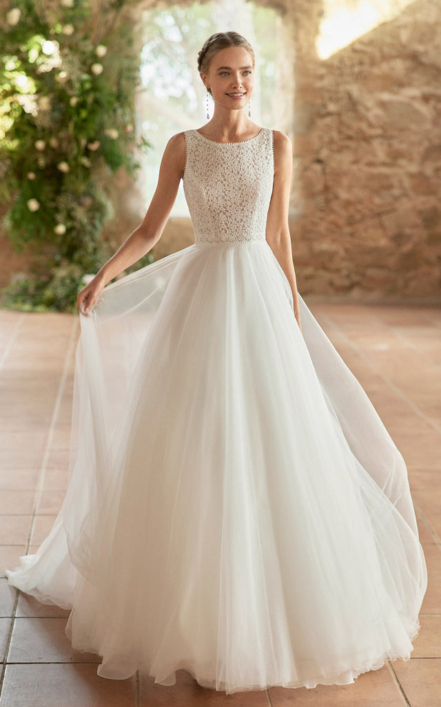 lace tulle wedding dress Princess Modest A-Line Boho Lace Tulle Ballgown Wedding Dress Ethereal – DorrisDress