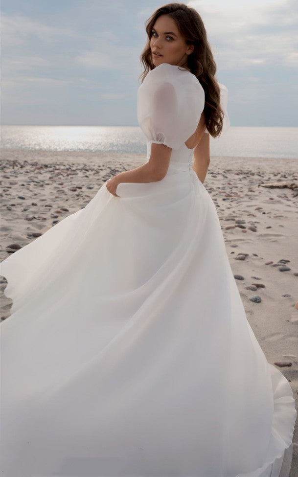Satin Wedding Modest Short Sleeve Wedding Dresses Beach Modest