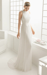 Modest Simple Sheath Halter Neck White Wedding Dress Summer Flowy Cross Back Floor Length Bridal Gown with Pleats