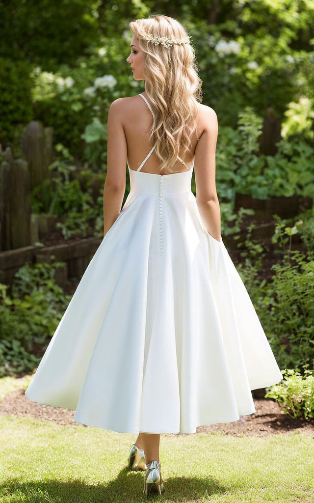 Simple Short Tea-Length Midi Satin Wedding Dress Casual Garden Beach Outdoor Minimalist Spaghetti Straps V-Neck Reception Bridal Gown Simple Short Tea-Length Midi Satin Wedding Dress Casual Garden Beach Outdoor Minimalist Spaghetti Straps V-Neck Reception Bridal Gown