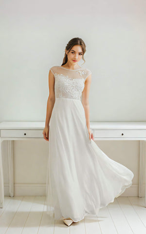 Modest Elegant Romantic A-Line Sweetheat Neckline Maxi Wedding Dress Floral Illusion Cap Sleeves Button Back Bridal Gown