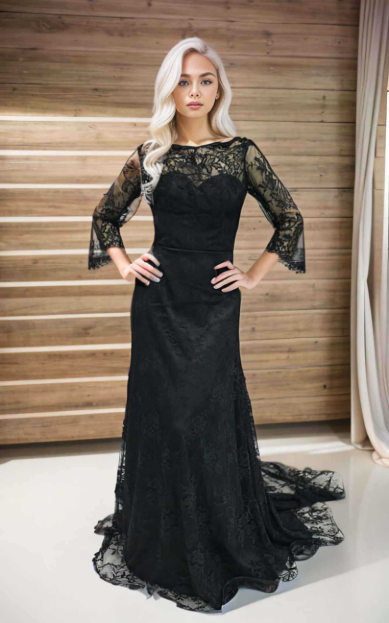 Gothic Black A-Line Boho Lace Bell Sleeves Wedding Dress Vintage Inspired Modest Sheath Bateau Neck Appliqued Bridal Gown Gothic Black A-Line Boho Lace Bell Sleeves Wedding Dress Vintage Inspired Modest Sheath Bateau Neck Appliqued Bridal Gown