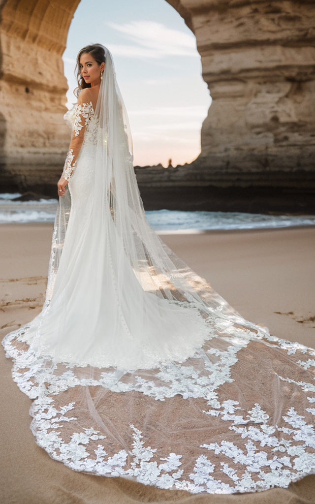 Sexy Beach Mermaid Sweetheart Boho Off-the-Shoulder Lace Wedding Dress with Illusion Sleeve and Sweep Train Sexy Beach Mermaid Sweetheart Boho Off-the-Shoulder Lace Wedding Dress with Illusion Sleeve and Sweep Train