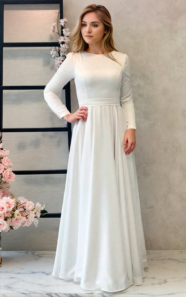 Modest Simple Solid Elegant White A-Line Satin Maxi Wedding Dress with DorrisDress Modest Simple Solid Elegant White A-Line Satin Maxi Wedding Dress with DorrisDress