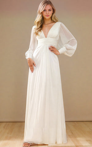Modest Casual A-Line Maxi Wedding Dress with Sleeves Simple Enchanted Plunging Flowy Chiffon Bridal Reception Gown with Ruffle