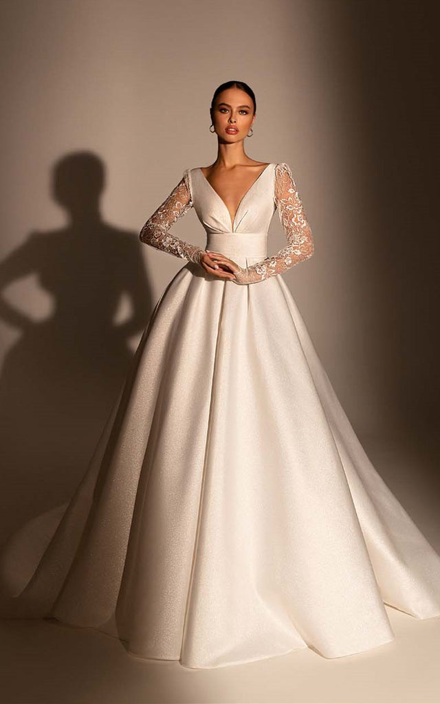 minimalist ball gown wedding dress Florence: Simple Mikado Ball Gown Wedding Dress with Illusion Back