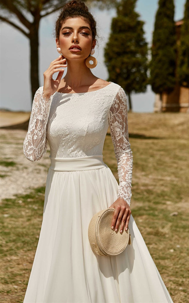 Floral Modest A-Line Ball Gown Wedding Dress Elegant Western Illusion DorrisDress Floral Modest A-Line Ball Gown Wedding Dress Elegant Western Illusion DorrisDress