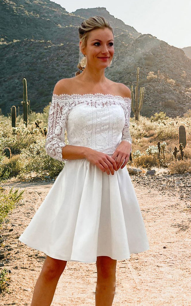 Vintage Country Short Off-the-Shoulder Boho Lace Midi Wedding Dress Floral 3/4 Length Sleeve Illusion Back Bridal Gown Vintage Country Short Off-the-Shoulder Boho Lace Midi Wedding Dress Floral 3/4 Length Sleeve Illusion Back Bridal Gown