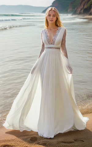 Beach Sexy Boho A-Line V-Neck Sleeved Wedding Dress Elopement Elegant Floral Chiffon Floor-Length Bridal Gown with Button Back