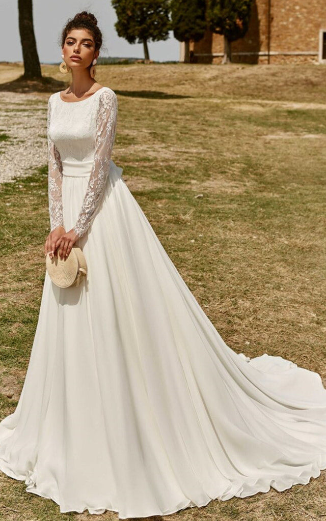 western long sleeve wedding dress Boho Lace Bell Long Sleeve Summer Wedding Dress Beach Mermaid V-Neck Western Bridal Gown
