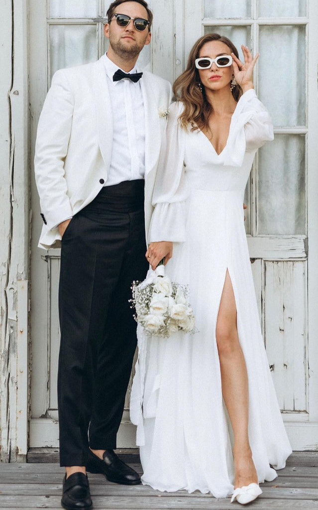 Modest Solid White A-Line Split Front Wedding Dress Elegant Simple Cas DorrisDress Modest Solid White A-Line Split Front Wedding Dress Elegant Simple Cas DorrisDress