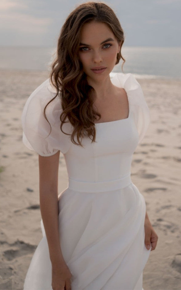 Beach Modest Simple Puff Short Sleeves Wedding Dress Princess Minimali – DorrisDress