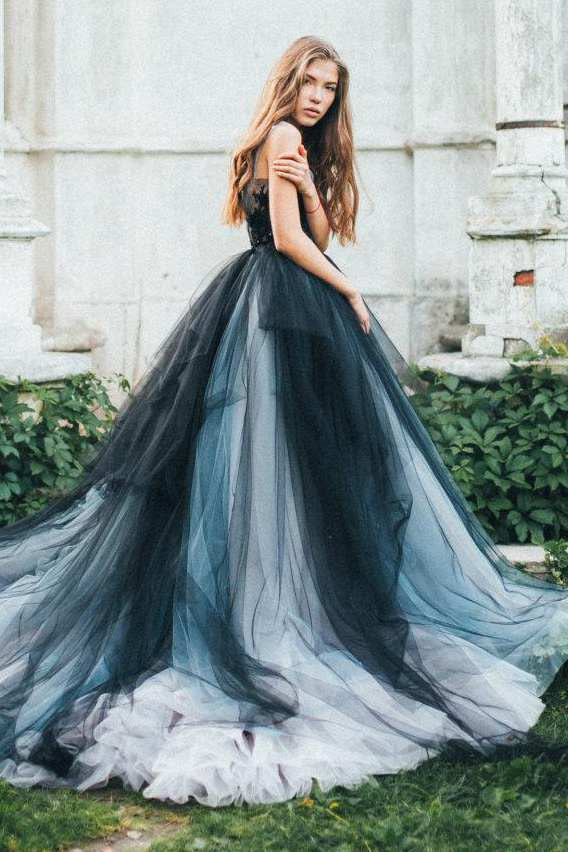 Gothic Black and Grey A-Line Ball Gown Wedding Dress Whimsical Boho Fl –  DorrisDress