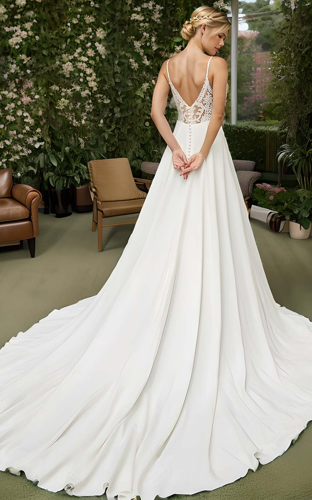 Beach Garden A-Line Floral Boho Lace Wedding Dress Elopement Flowy Plunging Neckline Satin Bridal Gown with Train Beach Garden A-Line Floral Boho Lace Wedding Dress Elopement Flowy Plunging Neckline Satin Bridal Gown with Train