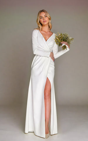 Formal Sexy Side Slit Sleeved Sheath Ruched Civil Wedding Dress Modern Elegant Zipper Back Reception Floor Length Bridal Gown