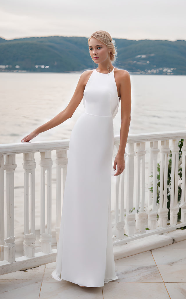 Beach Simple Elegant Cowl Back Sheath Wedding Dress Minimalist Halter Neck Cross Straps Bridal Gown Beach Simple Elegant Cowl Back Sheath Wedding Dress Minimalist Halter Neck Cross Straps Bridal Gown