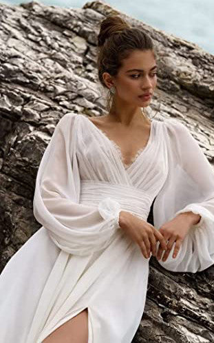 Beach Modest Elegant A-Line Split Front Wedding Dress Simple Casual Fl DorrisDress Beach Modest Elegant A-Line Split Front Wedding Dress Simple Casual Fl DorrisDress