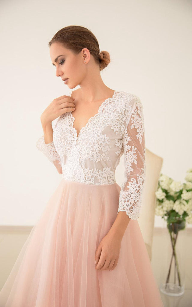 pink wedding dress vintage Pink Satin Vintage Antique A-line Ball Gown Wedding Dress with Long Sleeves and Ruffles
