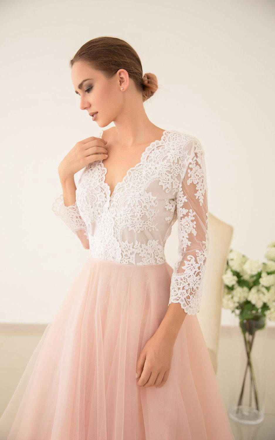 Peach Floral Bohemian Lace A-Line Wedding Dress Vintage Romantic Tulle –  DorrisDress