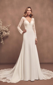 Modern Floral A-Line Boho Lace Satin Sleeved Wedding Dress Sexy Elegant V-Neck Button Back Floor Length Bridal Gown with Sweep Train