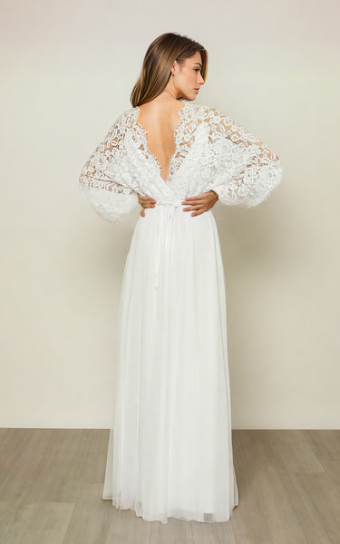 Modest Casual Boho Lace Bat Sleeves Wedding Dress Elegant Romantic Scalloped Neckline Gown with Appliques