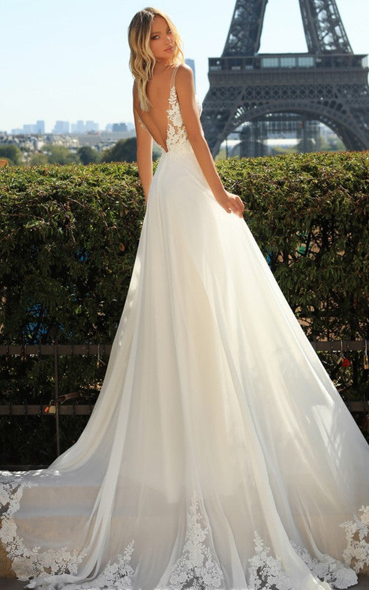 Floral Elegant A-Line Boho Lace Wedding Dress Secy Flowy Romantic Plun – DorrisDress