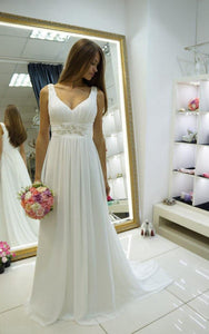Simple Casual A-Line Greek Empire Chiffon Beading V-Neck Floor Length Wedding Dress with Ruffles
