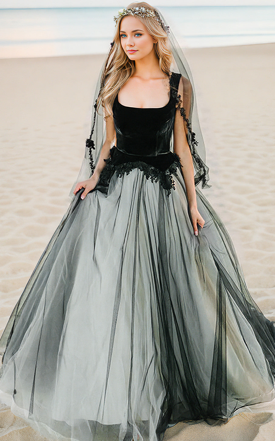 Gothic Beach Black Boho Lace A-Line Wedding Dress Unique Flowy