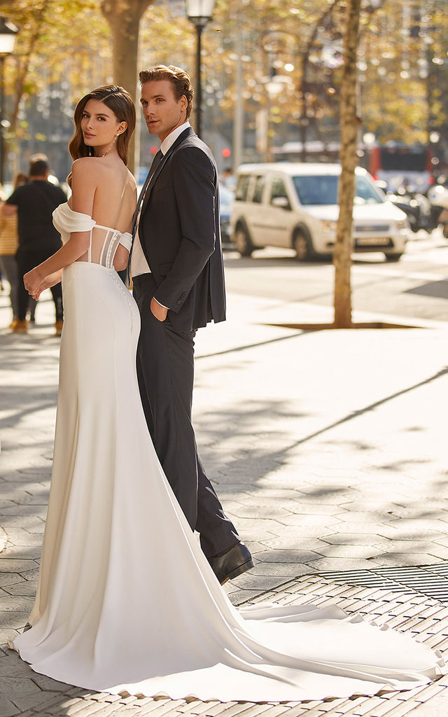 modern mermaid dress Modern Floral Embroidery Mermaid Wedding Dress with Long Puff Sleeves, $449.00