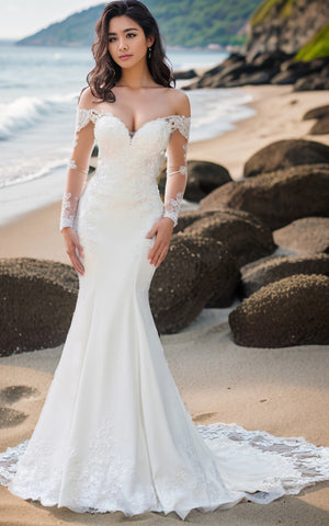 Sexy Beach Mermaid Sweetheart Boho Off-the-Shoulder Lace Wedding Dress with Illusion Sleeve and Sweep Train