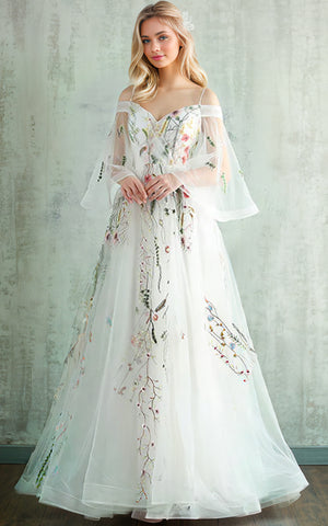 Floral Bell Sleeves A-Line Boho Lace Ballgown Wedding Dress Etheral Princess Off-the-Shoulder Party Evening Gown