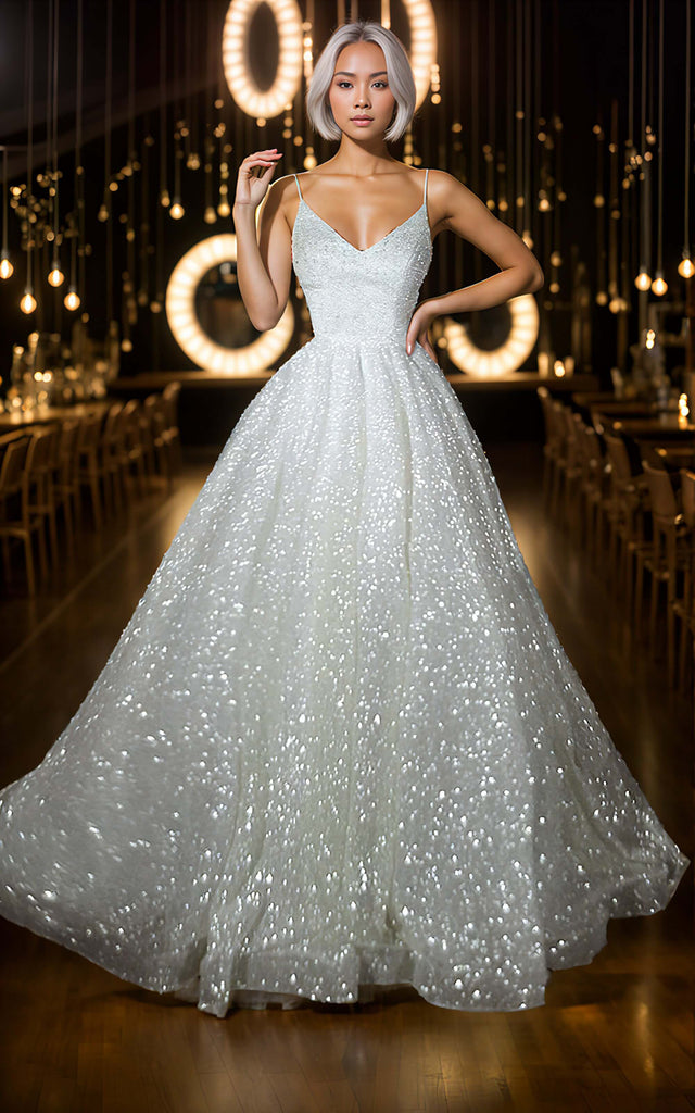 Sparkly Glitter Princess A-Line Spaghetti Straps Wedding Dress Sexy Ethereal Modern Floor-Length Low Back Bridal Ball Gown Sparkly Glitter Princess A-Line Spaghetti Straps Wedding Dress Sexy Ethereal Modern Floor-Length Low Back Bridal Ball Gown