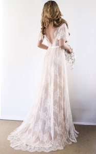 Ethereal Floral Beach A-Line Boho Lace Wedding Dress Country Garden Short Bell Sleeeve Scalloped Neckline Bridal Gown