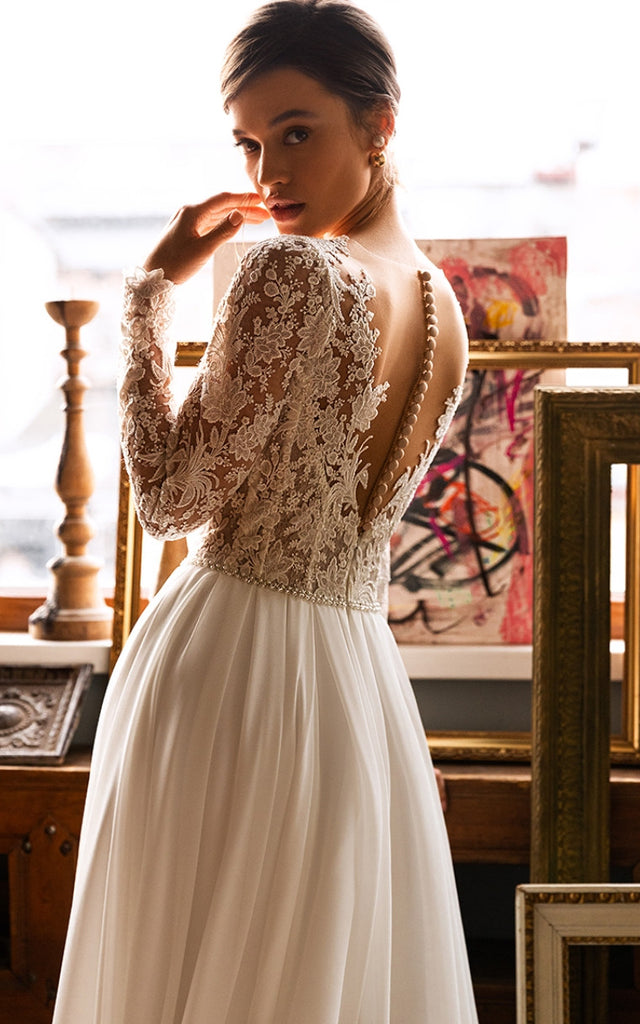 Ethereal Princess Boho Lace A-Line Wedding Dress with Sleeves Floral G DorrisDress Ethereal Princess Boho Lace A-Line Wedding Dress with Sleeves Floral G DorrisDress