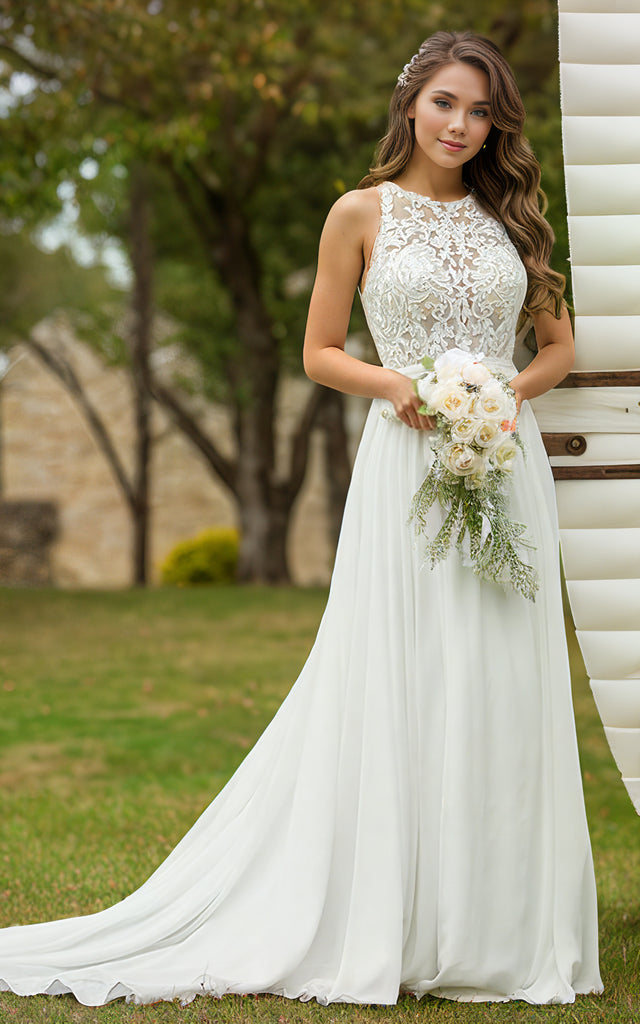 Elegant Floral A-Line High Neck Boho Wedding Dress Romantic Flowy Beac DorrisDress Elegant Floral A-Line High Neck Boho Wedding Dress Romantic Flowy Beac DorrisDress