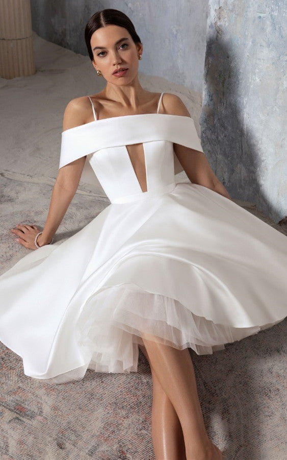 Sexy Elegant Short A-Line Off-the-Shoulder Satin Wedding Dress Modern   DorrisDress