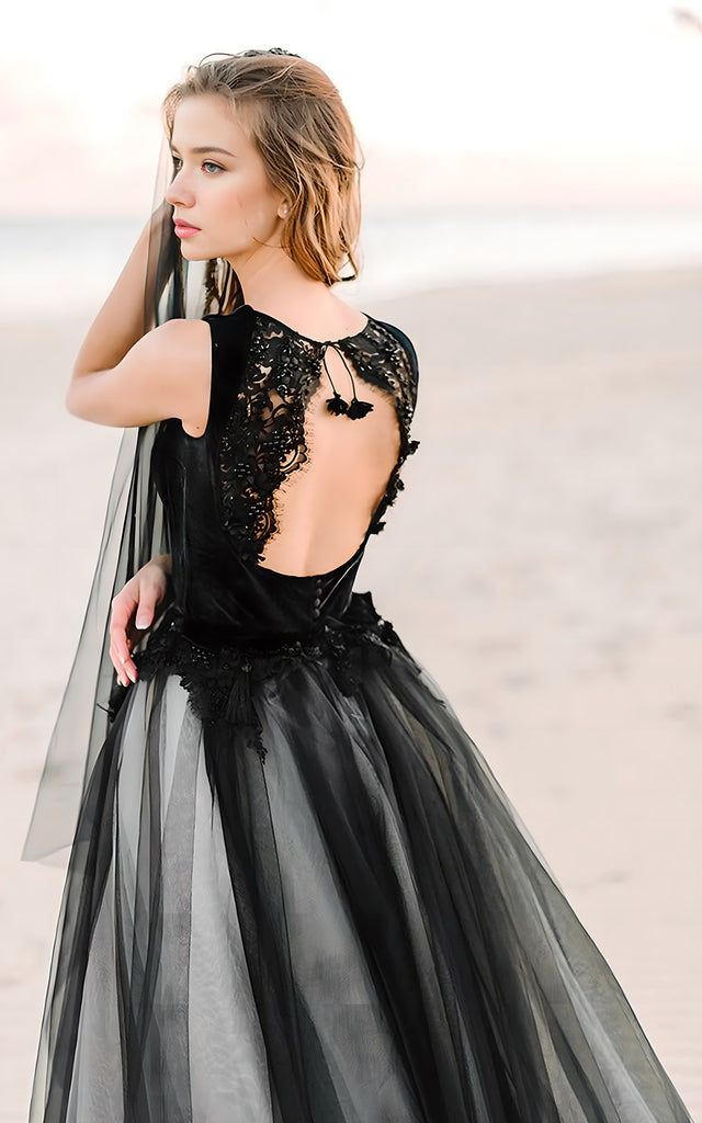 Gothic Beach Black Boho Lace A-Line Wedding Dress Unique Flowy Princes DorrisDress Gothic Beach Black Boho Lace A-Line Wedding Dress Unique Flowy Princes DorrisDress