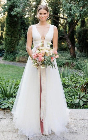 Sexy Elopement Beach Country A-Line Plunging Wedding Dress Romantic Garden Forest Destination Tulle Maxi Bridal Gown