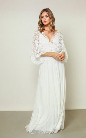 Modest Casual Boho Lace Bat Sleeves Wedding Dress Elegant Romantic Scalloped Neckline Gown with Appliques