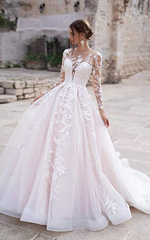 Urban Sexy Boho Lace A-Line Ball Gown Wedding Dress Princess Tulle Plunging Illusion Sleeved Appliques Backless with Button Bridal Gown