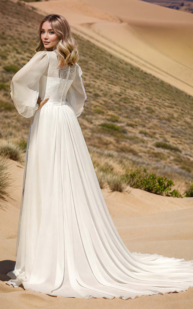 Modest Boho Beach Forest A-Line Lace Wedding Dress with Sleeves Floral