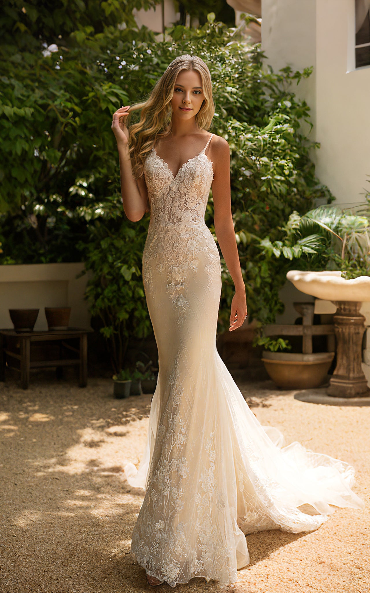 Floral Beach Mermaid Boho Lace V-Neck Wedding Dress Whimsical Sexy Low Back Sleeveless Bridal Gown with Court Train Floral Beach Mermaid Boho Lace V-Neck Wedding Dress Whimsical Sexy Low Back Sleeveless Bridal Gown with Court Train