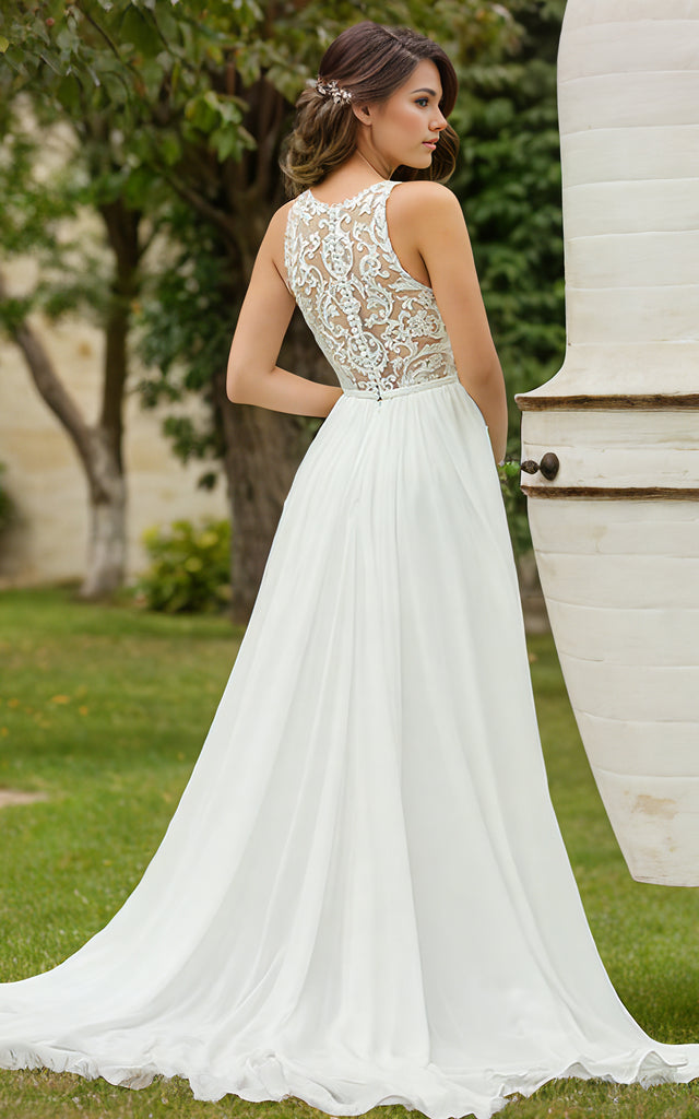 Elegant Floral A-Line High Neck Boho Wedding Dress Romantic Flowy Beac DorrisDress Elegant Floral A-Line High Neck Boho Wedding Dress Romantic Flowy Beac DorrisDress