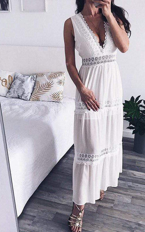 Modest Beach White A-Line Boho Maxi Dress for Wedding Simple Modest Ch –  DorrisDress